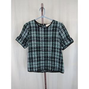 Thread Social Small Wool Light Blue and Navy Plaid Tweed Short Sleeve Top